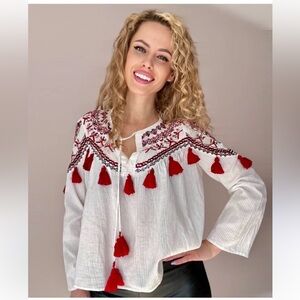 Boho Chic Zara Women's White Blouse with Red Tassels